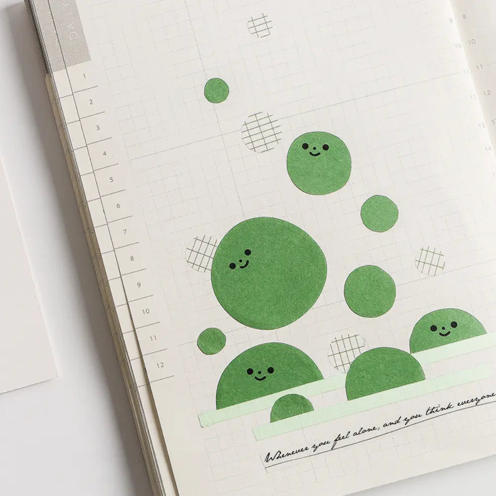 Little Blob Characters sticky notes page detail with pea sprout, volcano, cloud, mushroom, droplet, and dust designs.