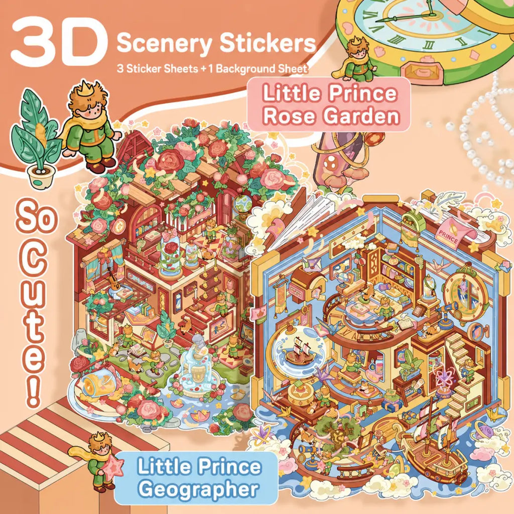 Little Prince Rose Garden and Little Prince Geographer 3D scene sticker kit set main image