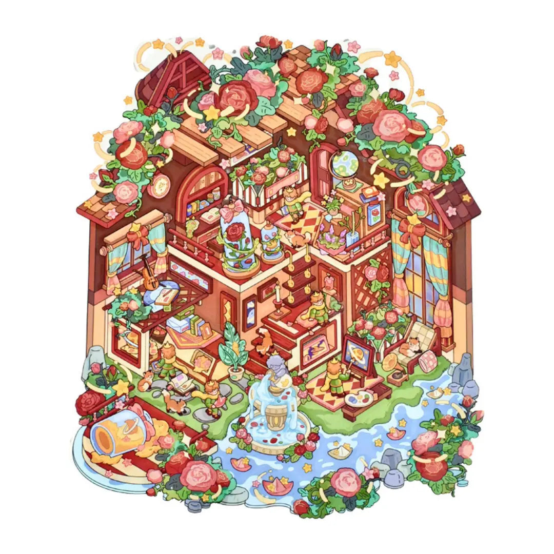Little Prince Rose Garden 3D scene sticker style with roses and miniature house details