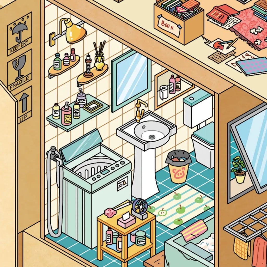 Close-up of the bathroom area in the Little Stories in the Carton scene with washing machine, sink, shelves, and small home details