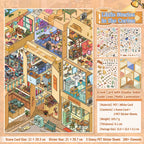 Little Stories in the Carton 3D scene sticker kit overview with scene card, three glossy sticker sheets, material, size, weight, and 300+ elements