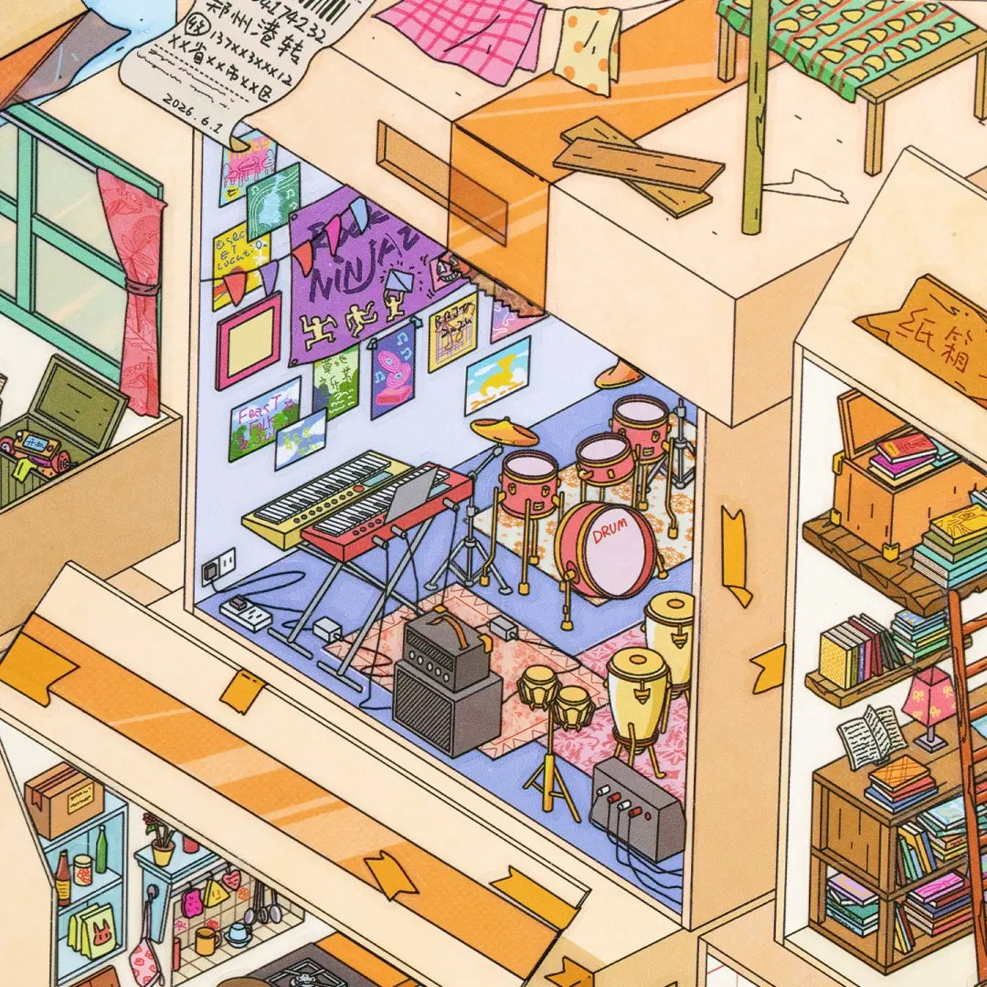 Close-up of the music room area with drums, keyboard, posters, books, and studio details in the miniature scene