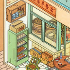 Close-up of the miniature general store area with shelves, boxes, food displays, and small table details