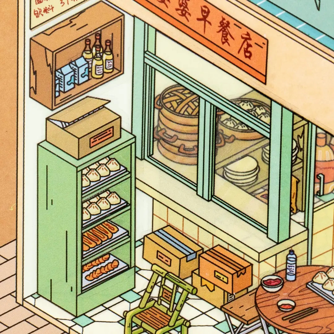 Close-up of the miniature general store area with shelves, boxes, food displays, and small table details