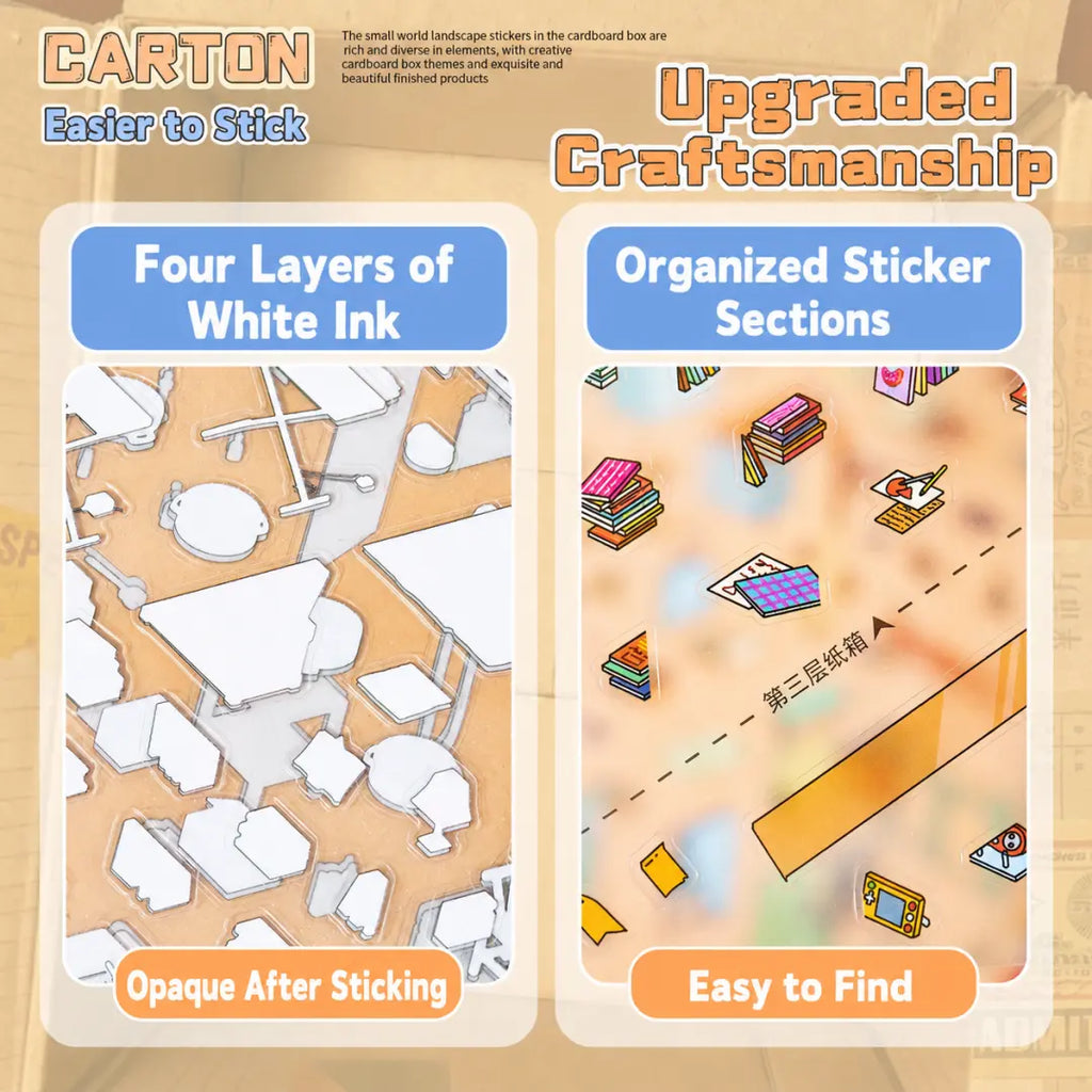 Little Stories in the Carton sticker kit detail showing four layers of white ink and organized sticker sections