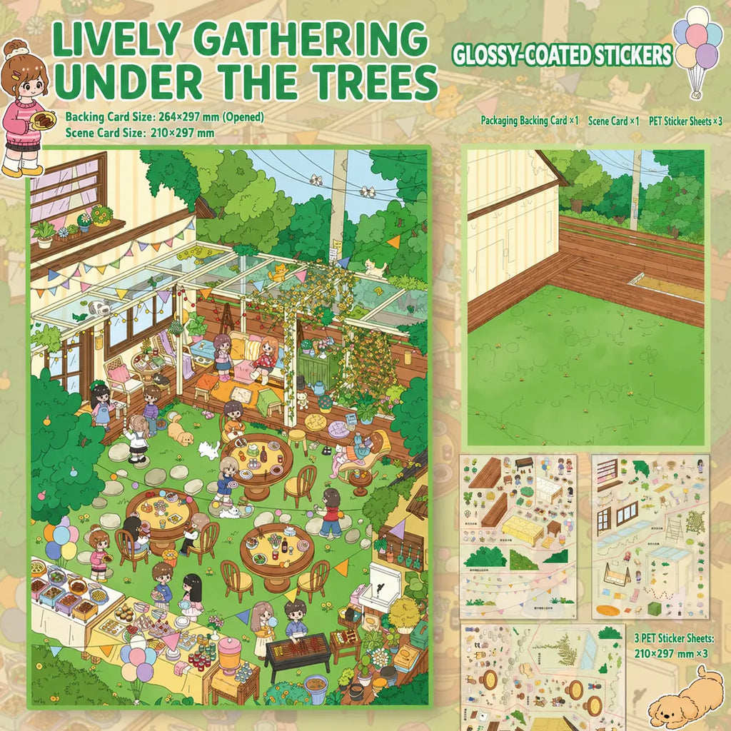 Lively Gathering Under the Trees scene kit with completed garden scene, blank scene card, and three sticker sheets