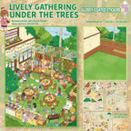 Lively Gathering Under the Trees scene kit with completed garden scene, blank scene card, and three sticker sheets