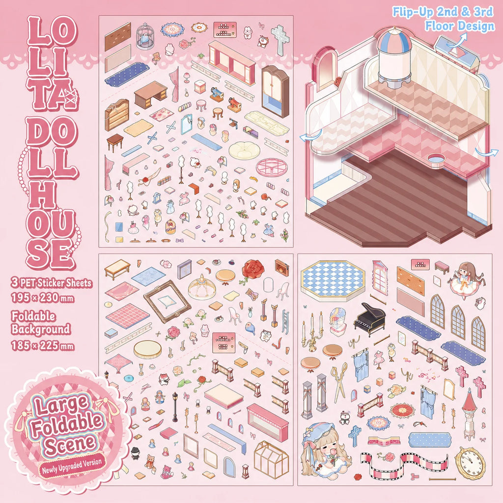 Overview of Lolita Dollhouse scene sticker kit with three PET sticker sheets and foldable background