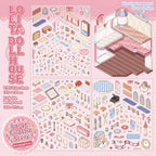 Overview of Lolita Dollhouse scene sticker kit with three PET sticker sheets and foldable background
