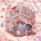Finished Lolita Dollhouse 3D scene sticker kit with a pink foldable dollhouse display