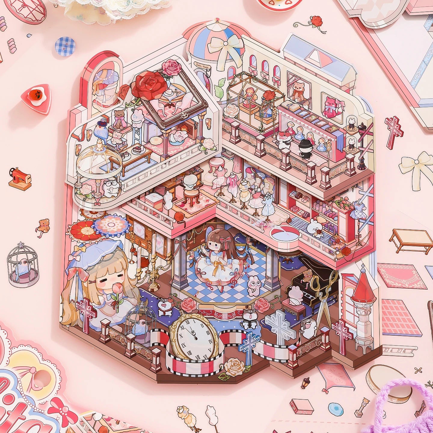 Finished Lolita Dollhouse 3D scene sticker kit with a pink foldable dollhouse display