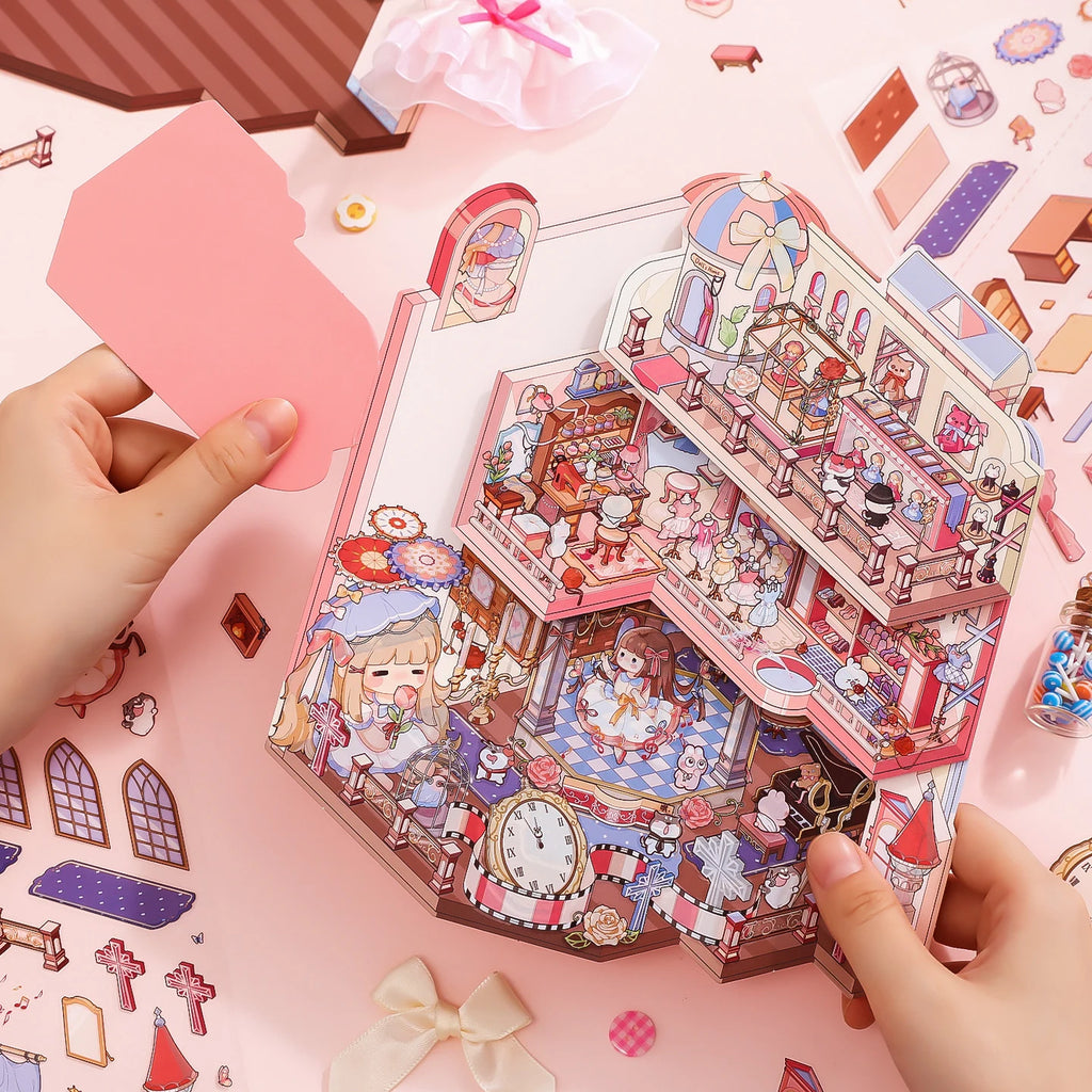 Hands assembling the foldable background for the Lolita Dollhouse 3D scene sticker kit
