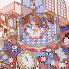 Close-up of the Lolita Dollhouse miniature scene with doll, piano, clock, and room details
