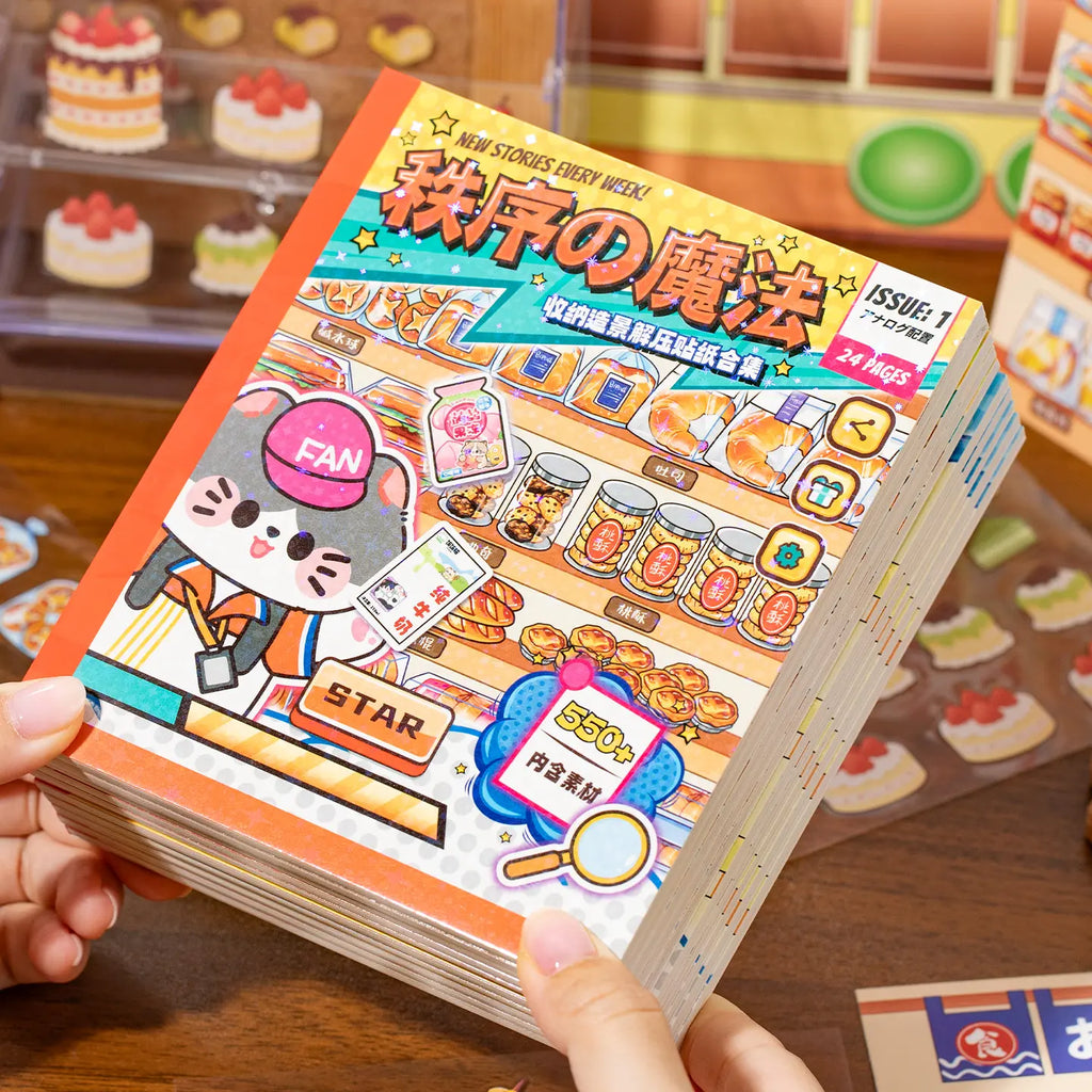 Magic of Order 3D Scene Sticker Book held in hand with colorful food and organizer cover
