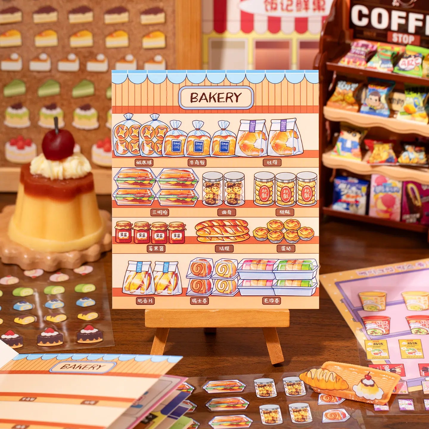 Finished bakery scene card with bread, pastries, jars, and shelf display stickers