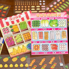 Food scene cards with vegetable shop and mala tang display themes from the Magic of Order sticker book