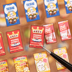 Close-up of small packaged food PET stickers on a transparent sticker sheet