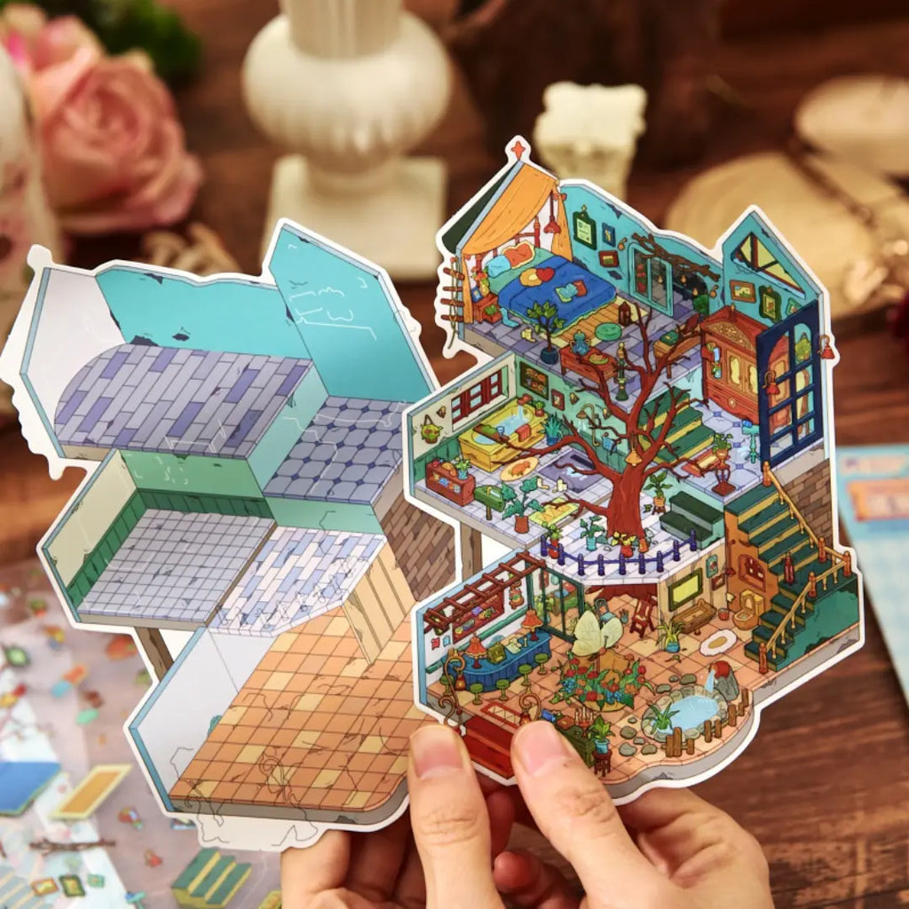 Magic Old House 3D Scene Sticker Kit showing the blank background card beside the finished old house scene