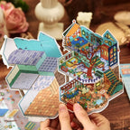 Magic Old House 3D Scene Sticker Kit showing the blank background card beside the finished old house scene