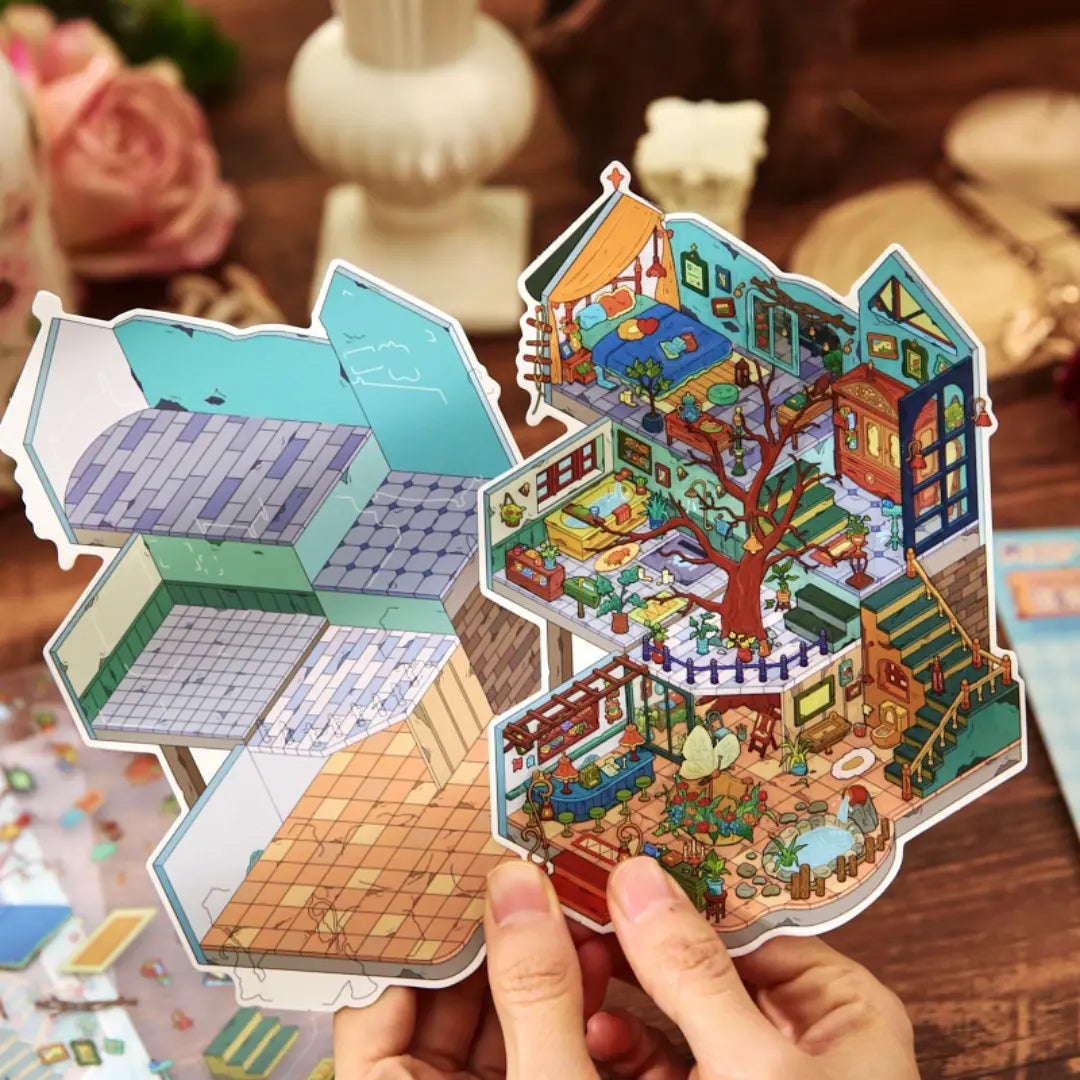 Magic Old House 3D Scene Sticker Kit showing the blank background card beside the finished old house scene