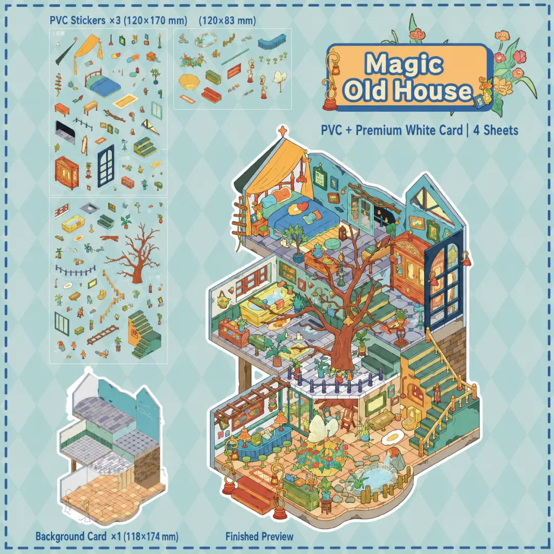 Magic Old House 3D Scene Sticker Kit contents showing PVC sticker sheets, background card, and finished preview