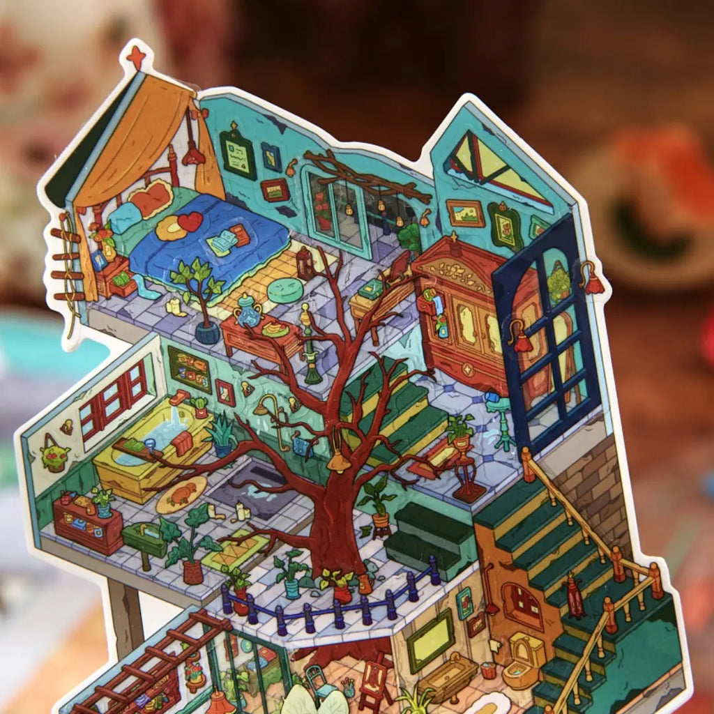 Close-up of the completed Magic Old House miniature scene with bedroom, stairs, tree, and room décor