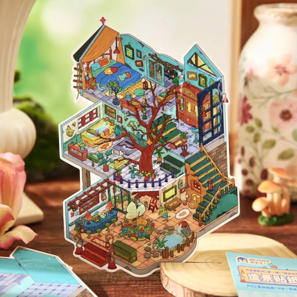 Magic Old House 3D Scene Sticker Kit finished display showing a layered miniature old house scene