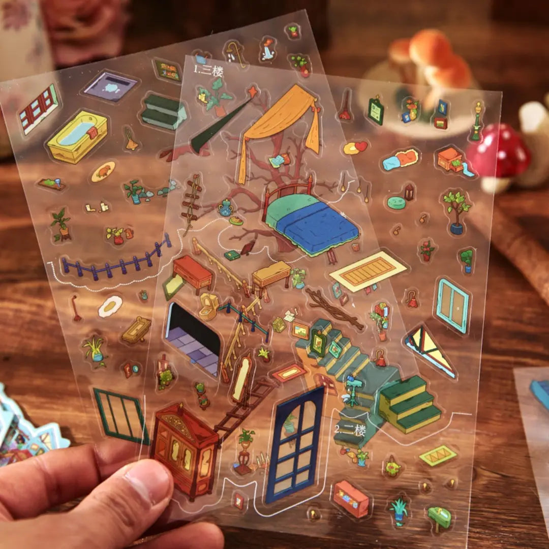 PVC sticker sheets for the Magic Old House 3D Scene Sticker Kit with furniture, stairs, plants, and room details
