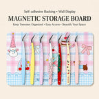 Magnetic tweezer storage board on a craft desk holding pastel tweezers for sticker and miniature DIY projects