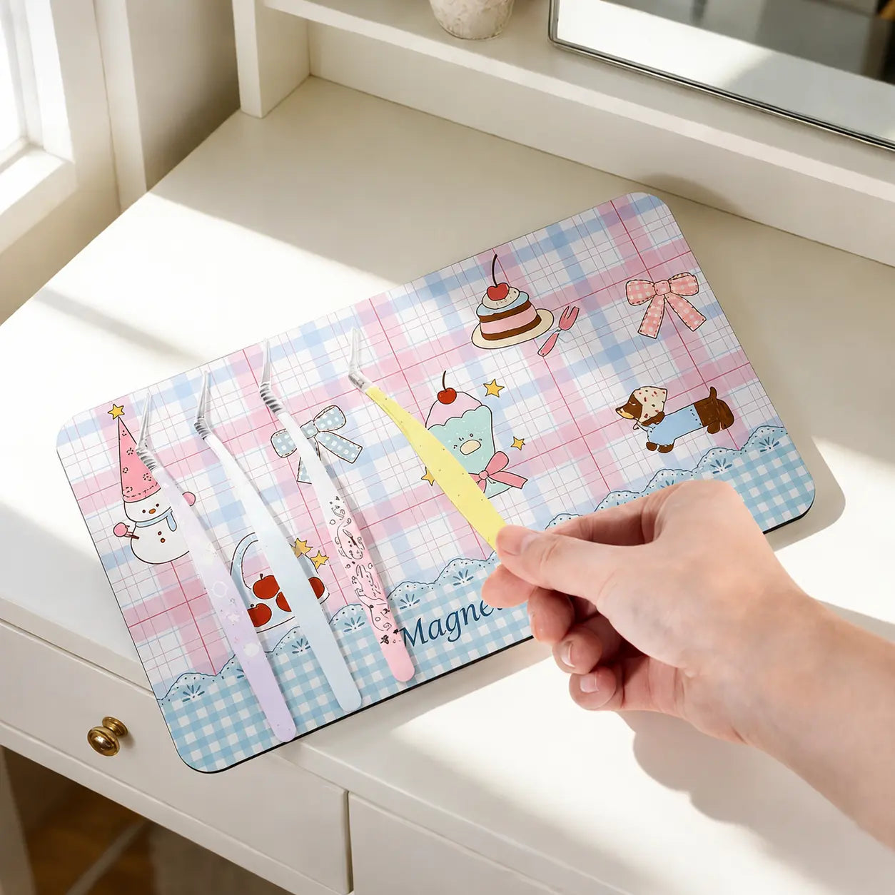 Magnetic storage board for organizing craft tweezers with self-adhesive backing and wall display use