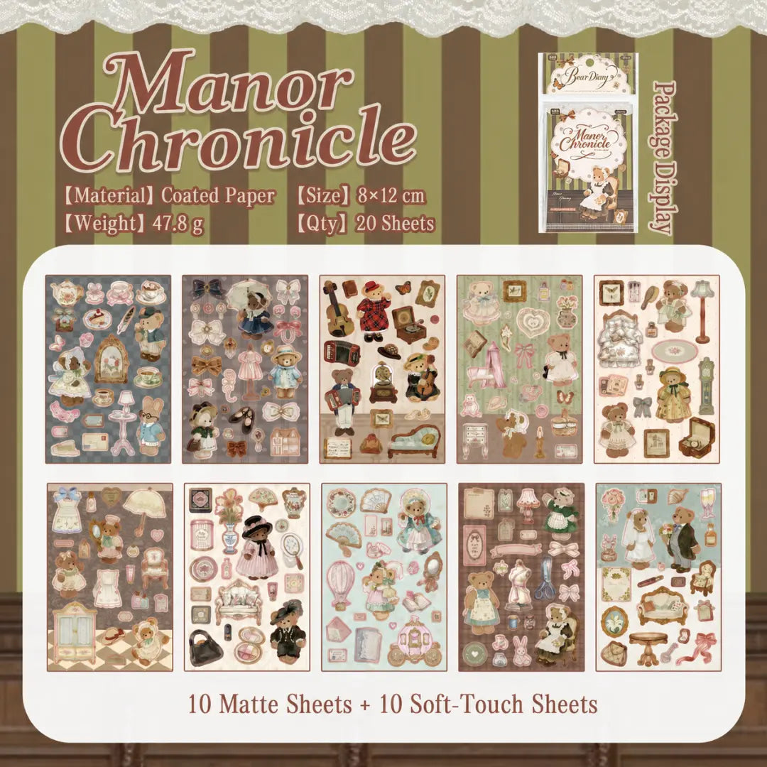 Manor Chronicle bear journaling sticker overview showing 20 coated paper sheets with vintage bears, furniture, dresses, tea sets, and room decor