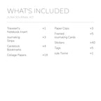 English contents list for the Mariposa Garden Junk Journal Kit with included item names and quantities