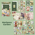 Mariposa Garden Junk Journal Kit flat lay showing the coordinated papers, ephemera, stickers, and craft embellishments included in the set