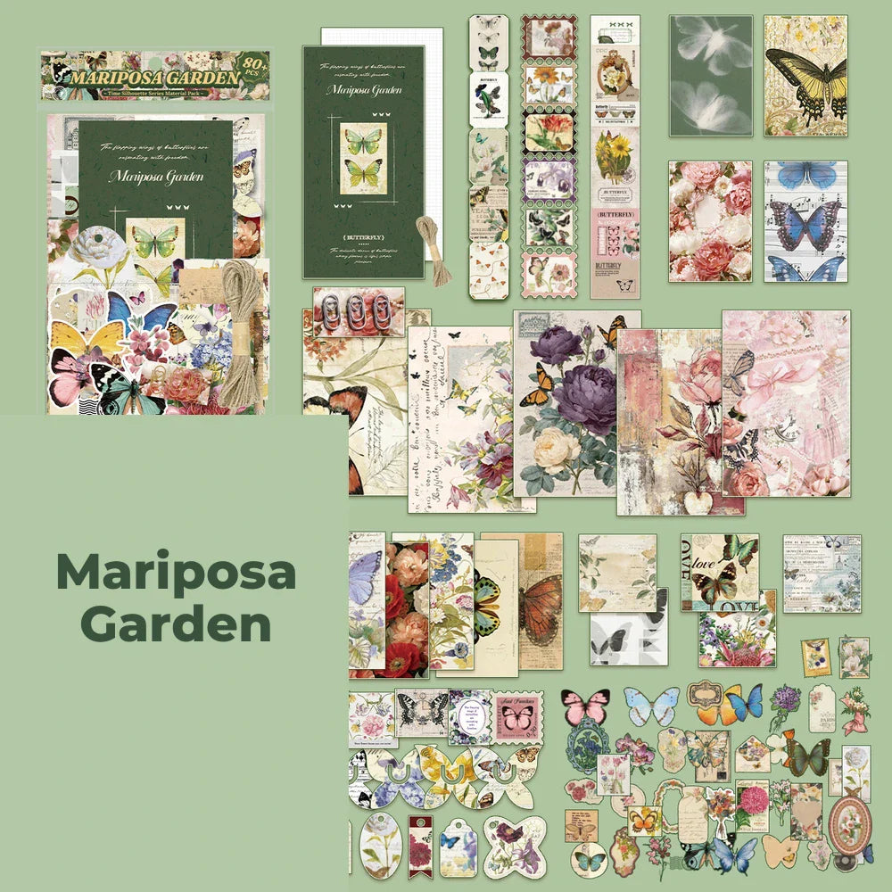 Mariposa Garden Junk Journal Kit flat lay showing the coordinated papers, ephemera, stickers, and craft embellishments included in the set
