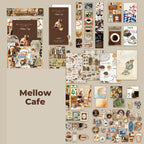 Mellow Cafe Junk Journal Kit flat lay showing the coordinated papers, ephemera, stickers, and craft embellishments included in the set