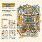 Memory Restoration Bureau scene sticker kit with ornate clock room scene card and three PET sticker sheets