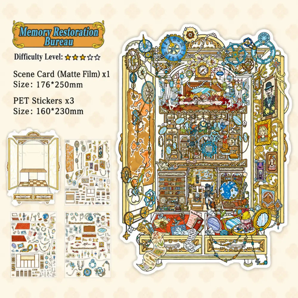 Memory Restoration Bureau scene sticker kit with ornate clock room scene card and three PET sticker sheets