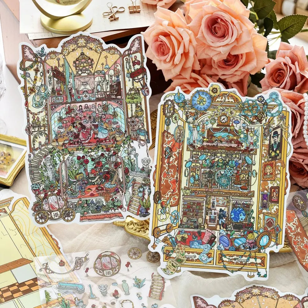 Memory Restoration Bureau and The Vanished Ballroom scene sticker kit with two vintage mystery scene displays