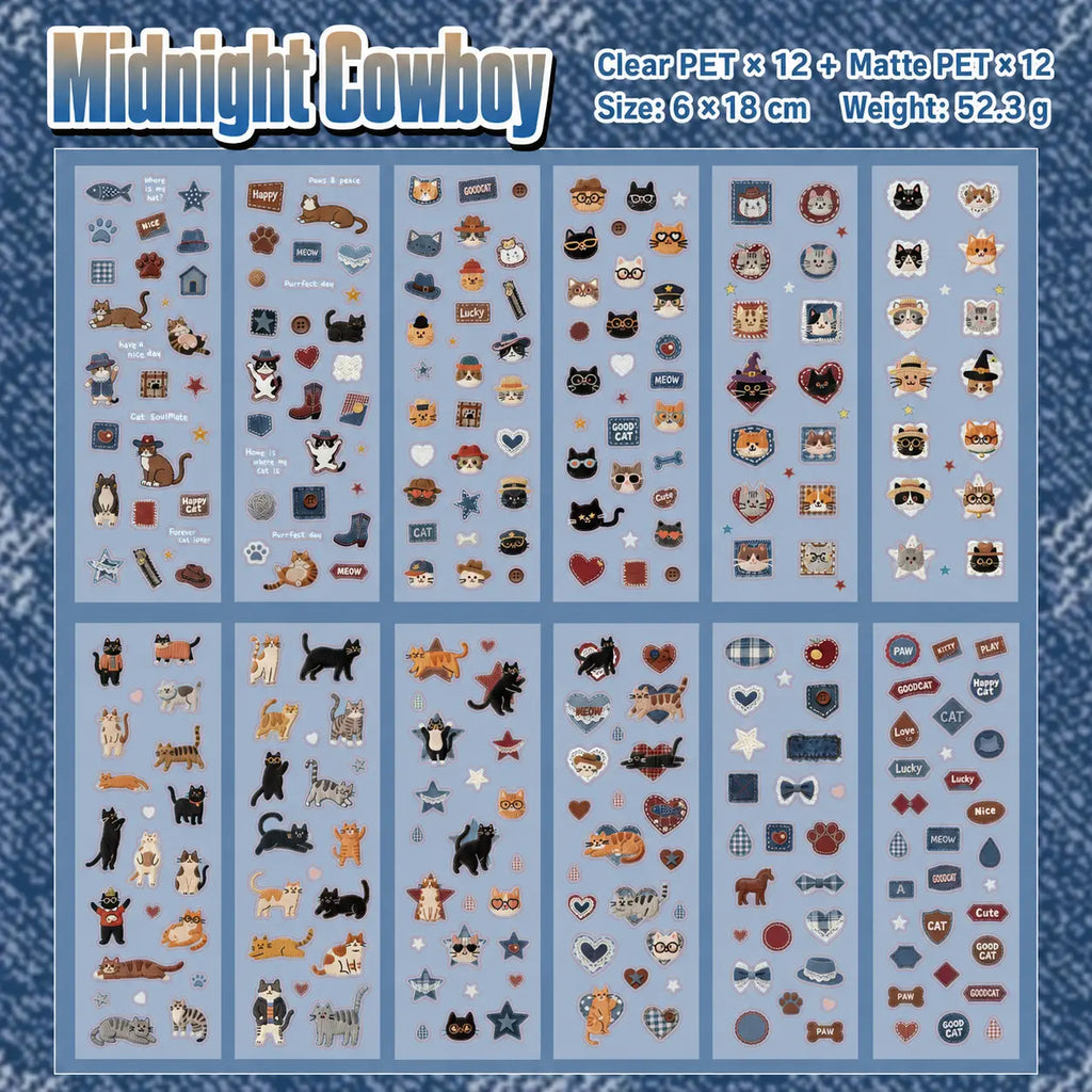 Midnight Cowboy cat journaling sticker sheets with blue patchwork-style cat designs