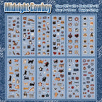 Midnight Cowboy cat journaling sticker sheets with blue patchwork-style cat designs