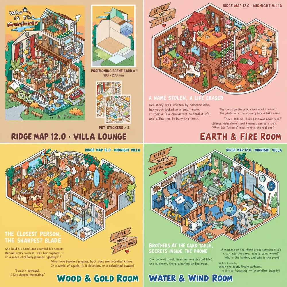 Four Midnight Villa scene sticker kit styles including Villa Lounge, Earth and Fire Room, Wood and Gold Room, and Water and Wind Room