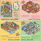 Four Midnight Villa scene sticker kit styles including Villa Lounge, Earth and Fire Room, Wood and Gold Room, and Water and Wind Room