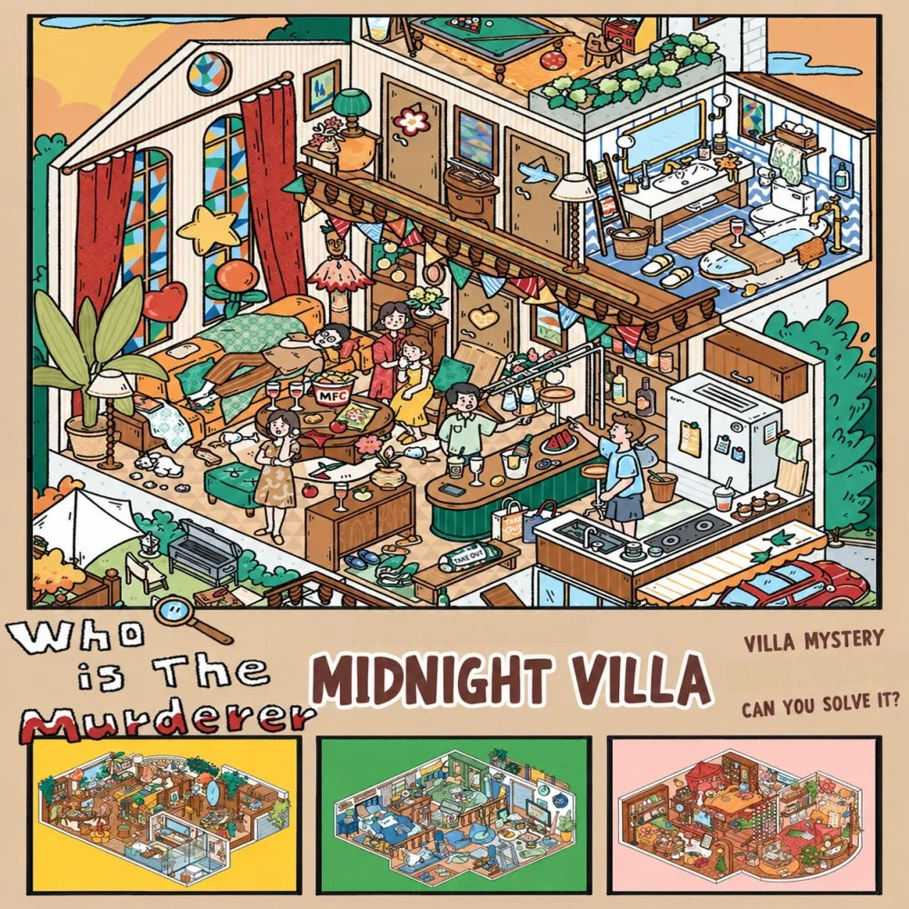 Midnight Villa Mystery Scene Sticker Kit full set with four miniature villa room scenes and mystery story artwork