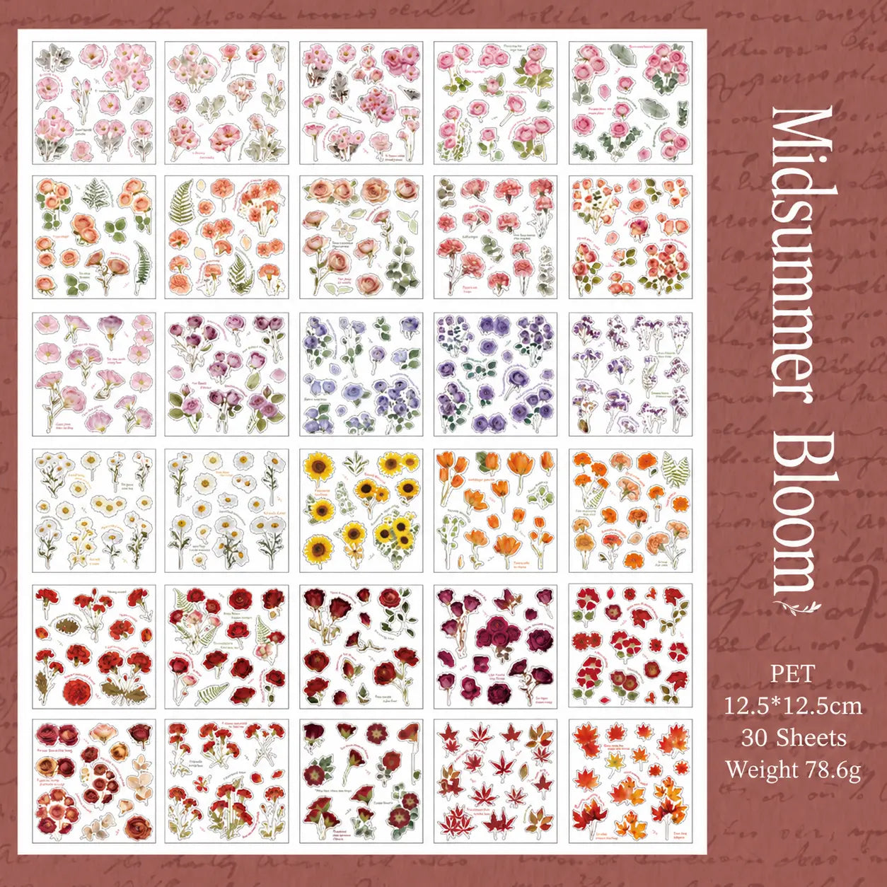 Midsummer Bloom floral journaling sticker sheets with roses, leaves, and seasonal botanical designs