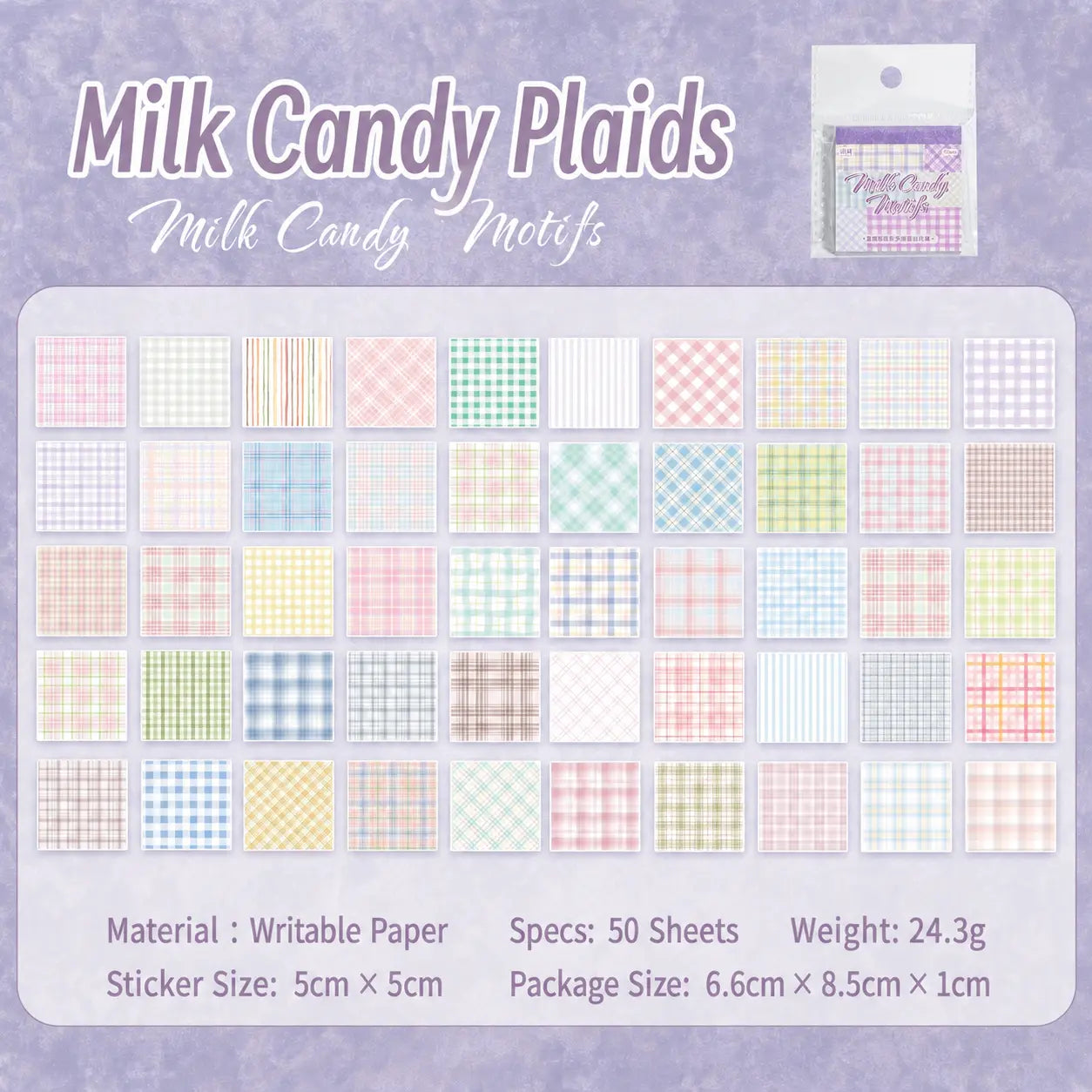 Milk Candy Plaids set with 50 pastel plaid, gingham, striped, and checkered paper stickers