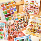 Mini Food and Dessert Time scene pages laid flat with snack shelf, fridge, afternoon tea, tart display, and food shop scenes