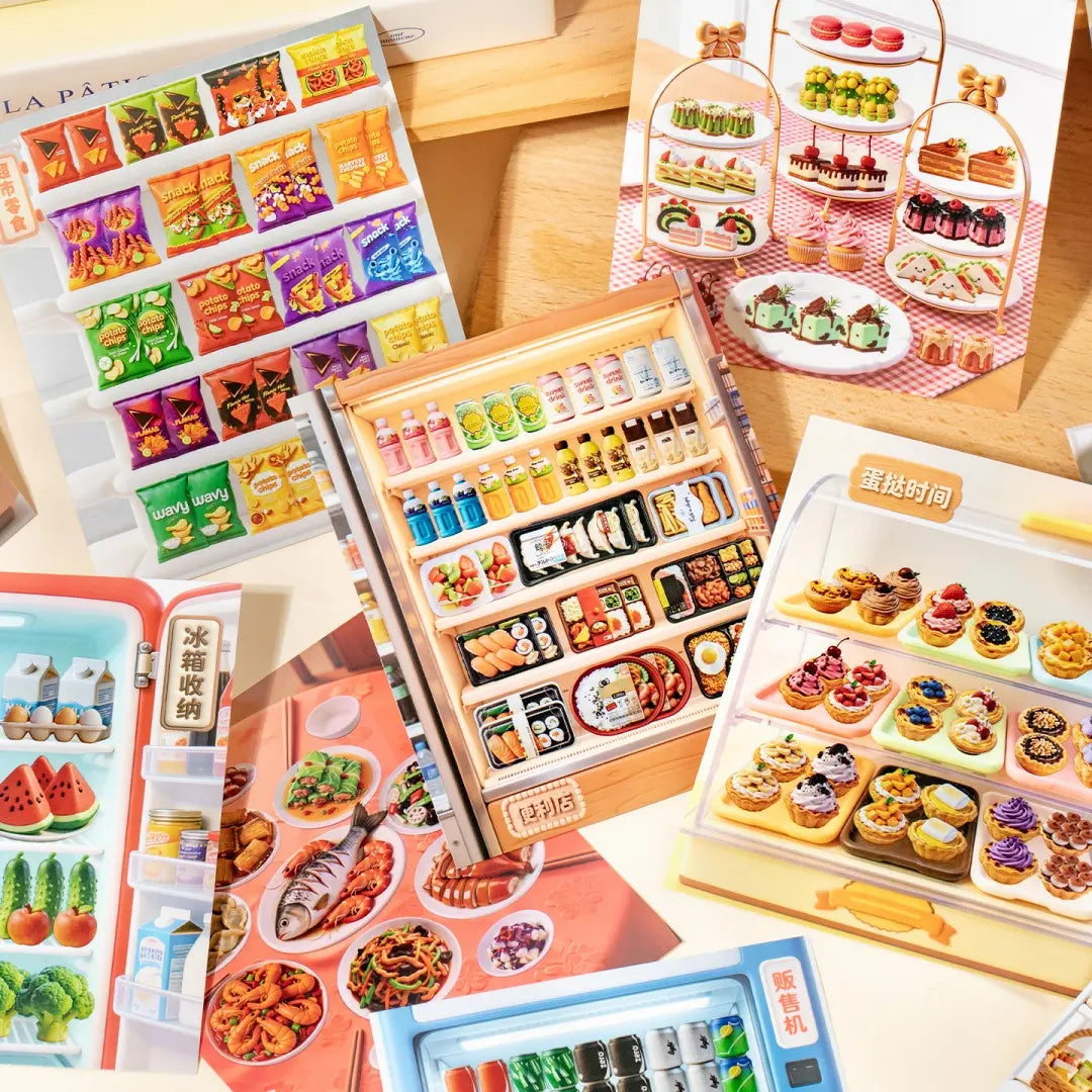 Mini Food and Dessert Time scene pages laid flat with snack shelf, fridge, afternoon tea, tart display, and food shop scenes
