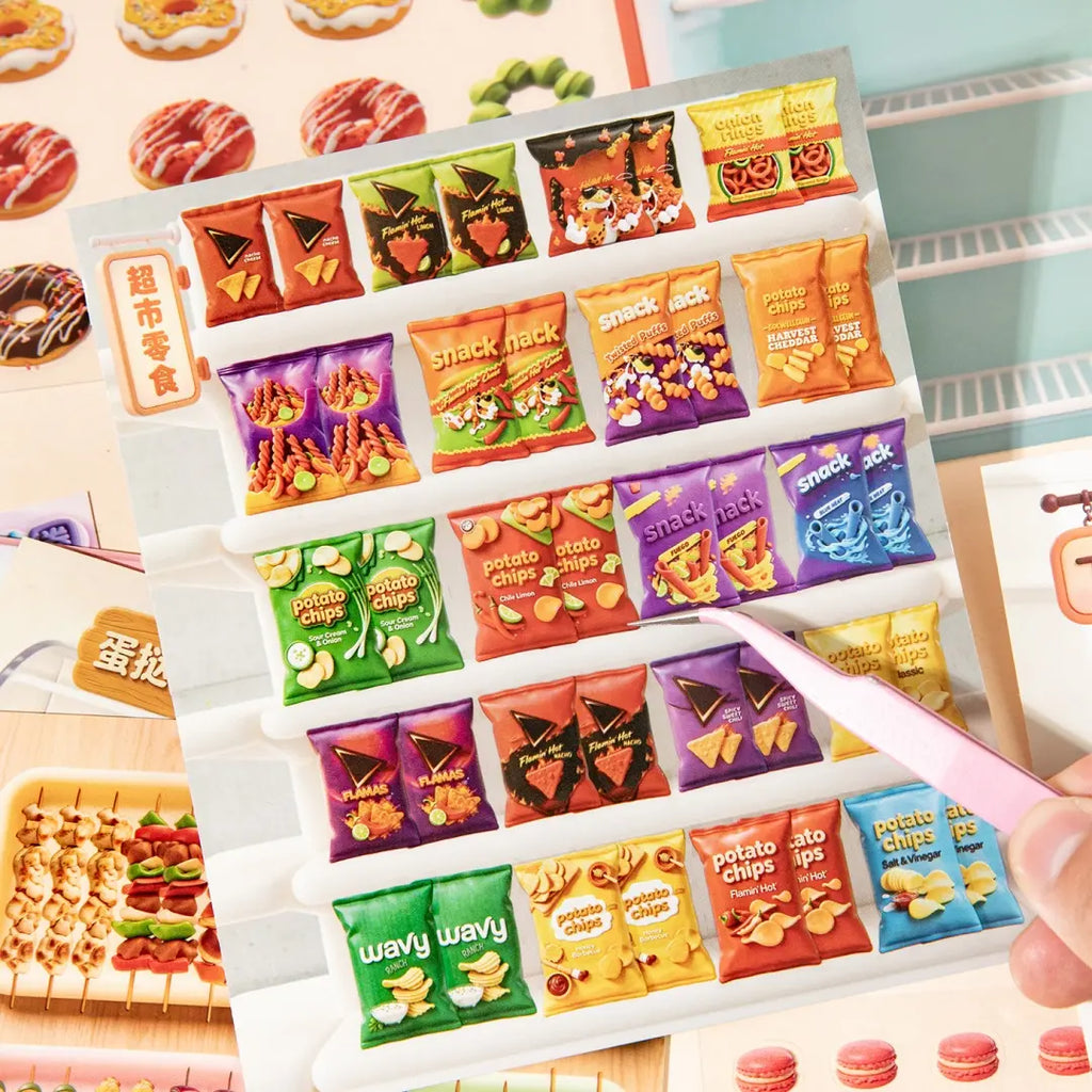 Close-up of a snack shelf scene sticker page with colorful chip bags and miniature snack packaging
