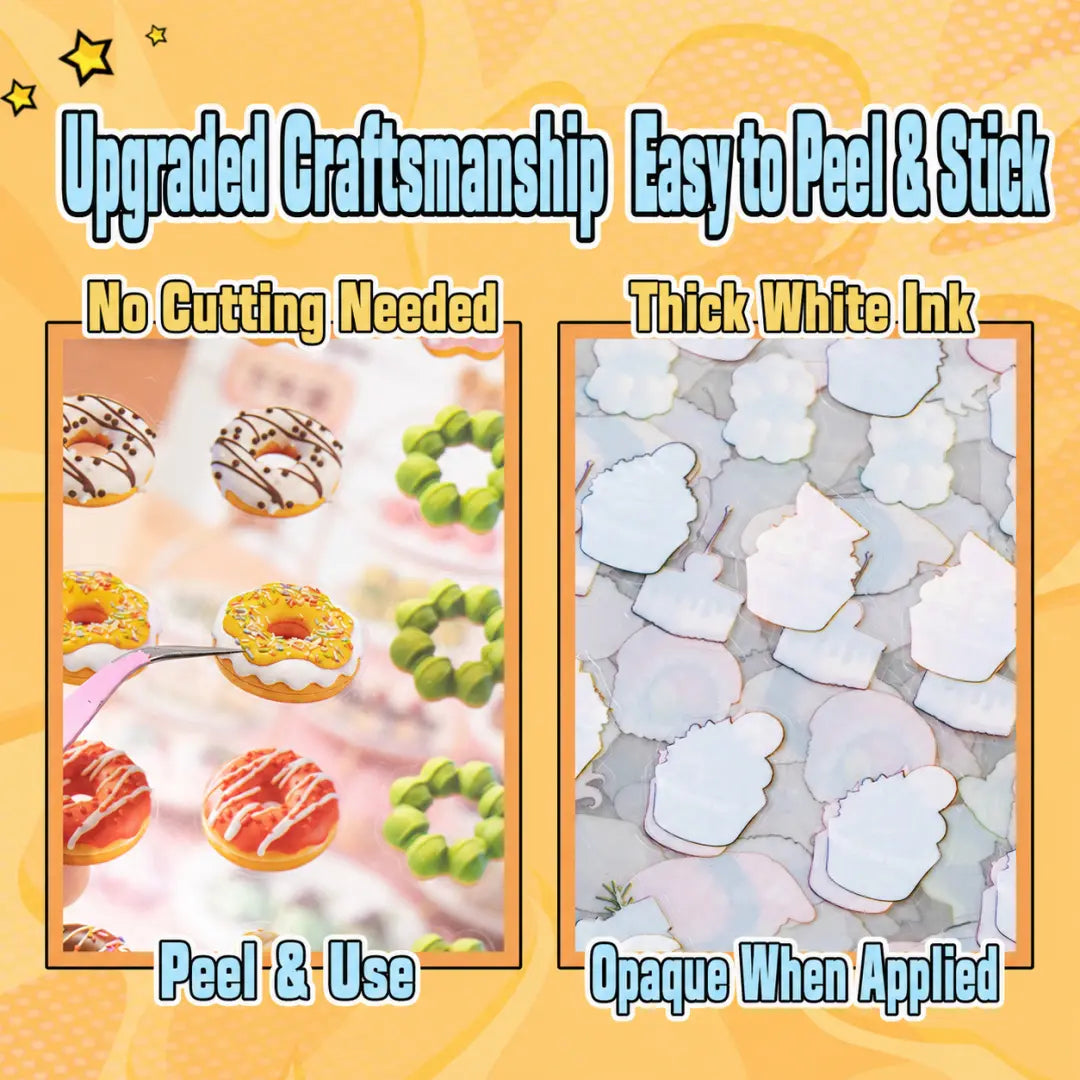 Mini Food sticker book detail showing pre-cut stickers, peel-and-use design, and thick white ink backing