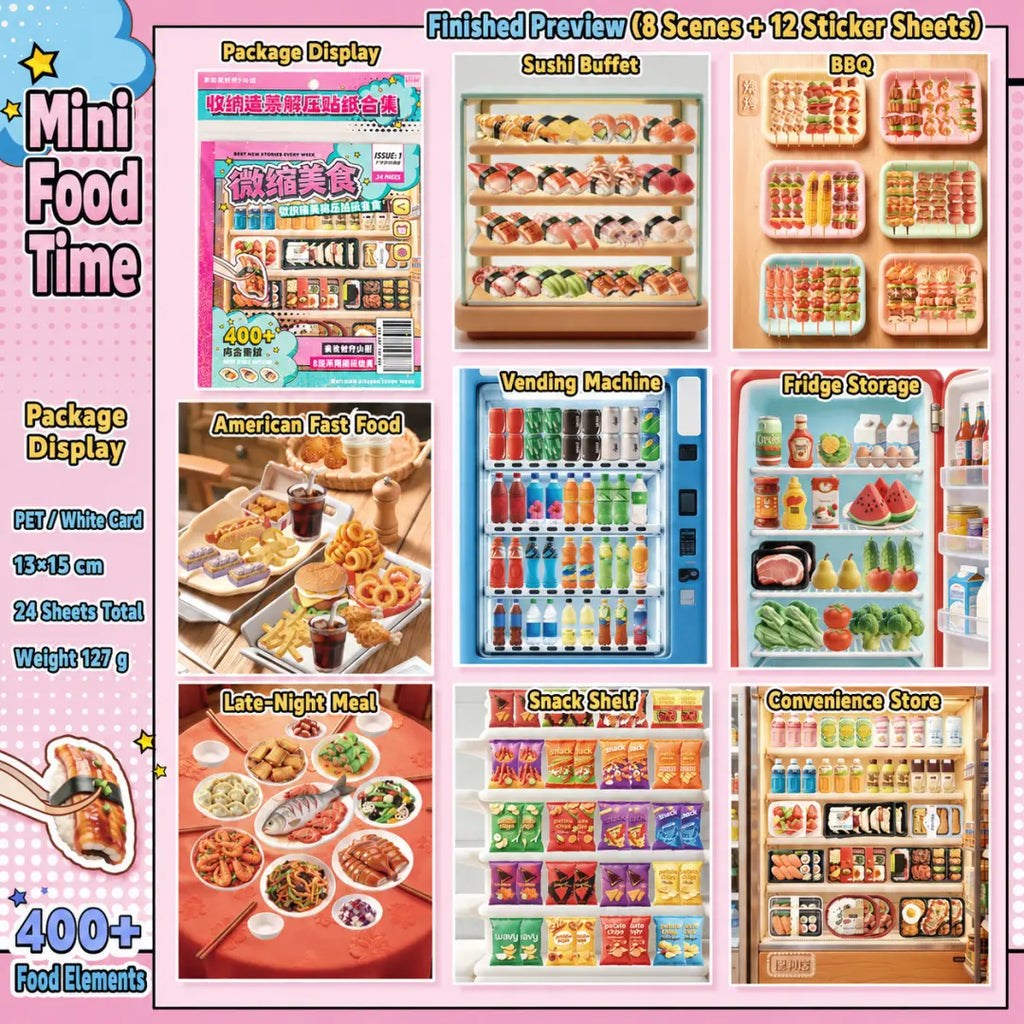 Mini Food Time 3D scene sticker book overview showing sushi buffet, BBQ, vending machine, fridge storage, snack shelf, and convenience store scenes